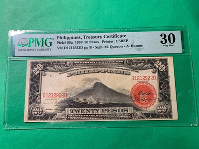 FILIPINAS 1936 20 PESOS CERTIFICADO TESORERÍA VOLCÁN MAYÓN D1212922D P-85a PMG VF 30 Foto 1 de 2