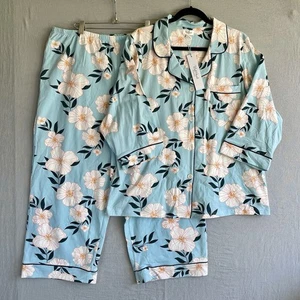 BedHead Pyjama Set Neu mit Etikett Damen XL blau Blumen kurze Hose 3/4 Arm Oberteil Taschen - Bild 1 von 15