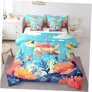 Kids Sea Turtle Bedding Twin Size 7-Piece Cute Twin (7-Piece) Navy Blue Pink - Picture 1 of 6
