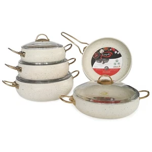 Granite Cookware Set Non-Stick Pot Pan Glass Lid Cooking Frypans 9 PCS Ivory - Picture 1 of 5