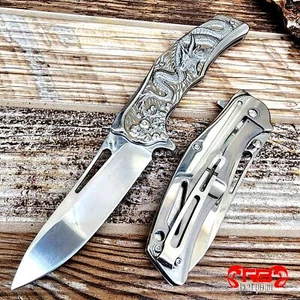 8” Silver Dragon Knife Tactical Spring Assisted Open Blade Folding Pocket Knife - Picture 1 of 5