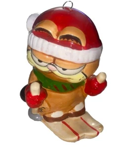 Vintage Enesco Garfield Christmas Holiday Ornament Ski Snow 1978 Ceramic - Picture 1 of 4
