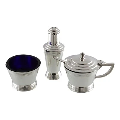 MAPPIN & WEBB Plata - KEITH MURRAY Art Deco - Juego de 3 piezas de jarra / condimento Foto 1 de 4