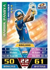 ✺New✺ 2016 2017 MUMBAI INDIANS IPL Cricket Card HARDIK PANDYA Topps Attax