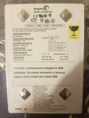 Seagate ST340015A 40GB PN 9Y3001-106 FW 3.15 ATA 3.5" HD DC 06124 WU - Image 1 of 3