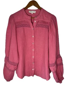 Hale Bob Los Angeles Womens Dusky Pink 100% Linen Boho Top Crochet Pleats Sz S - Picture 1 of 11