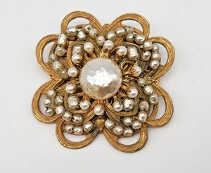 SIGNIERTE WUNDERSCHÖNE VINTAGE MIRIAM HASKELL PERLE GOLDFARBENE BROSCHE ANSTECKNADEL - Bild 1 von 6