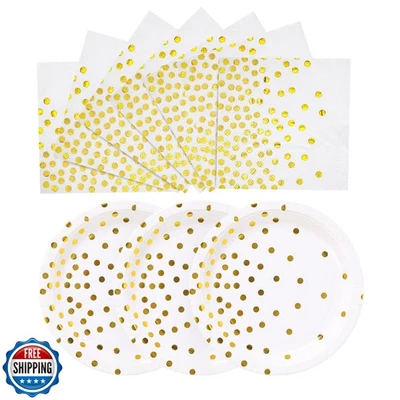 Platos y servilletas de papel blanco y dorado CENLBJ - 25 x 7"" platos de postre y 25 Foto 1 de 4