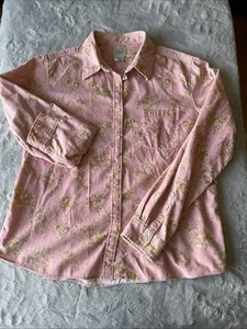 LL Bean Corduroy Shirt Women Lg Floral Print Button Up Long Sleeve Yellow Pink - Picture 1 of 6