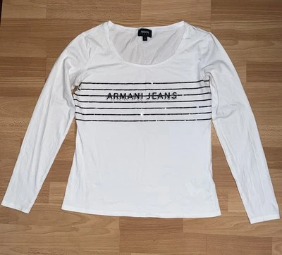 ARMANI JEANS Camiseta Blanca Manga Larga Estampado Logo Lentejuelas Rayas Talla 42/10 UK Foto 1 de 4