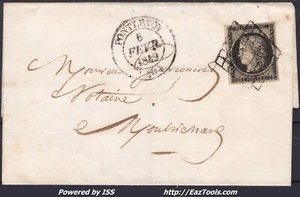 FRANCE CERES N°3 SUR LETTRE AVEC GRILLE + CAD TYPE 14 PONTLEVOY DU 05/02/1849 - Picture 1 of 2