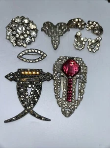 Art Deco Shoe Clip Brooch Earrings Rhinestone Silvertone Vintage Lot - Picture 1 of 16