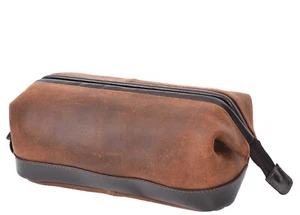 Leather Vintage Wash Bag Toiletry Shaving Dopp Kit With Carry Handle HLG77 Brown - Picture 1 of 5