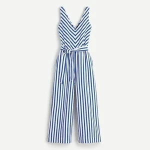 NWT J Crew V-Neck Wide Leg Belted Jumpsuit Royal Blue White Stripe Sz 16 Resort - Picture 1 of 6