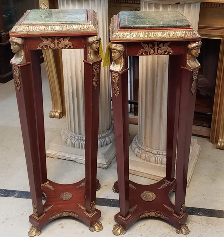 Pair of Very Large Art Nouveau Wood Brass & Marble Pedestals Cover