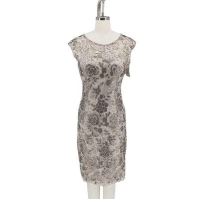 00304 Adrianna Papell Lace Sequin Dress Gray size 6 preppy wedding evening party - Image 1 of 4