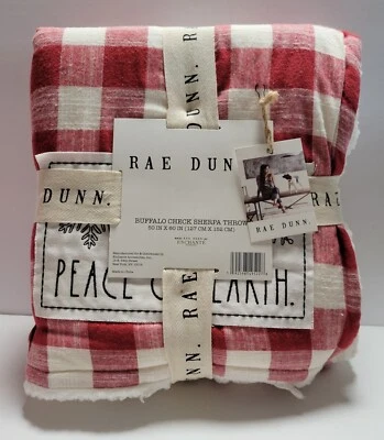 Rae Dunn Blanket Throw Plaid Buffalo Check Sherpa PEACE ON EARTH 50x60 Red Ivory - Image 1 of 4