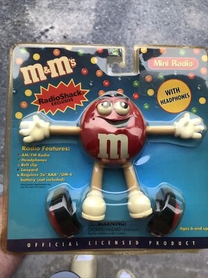 NEW RED M& M PEANUT MINI AM/FM RADIO W/HEADPHONES/BELT CLIP/LANYARD - Image 1 of 4