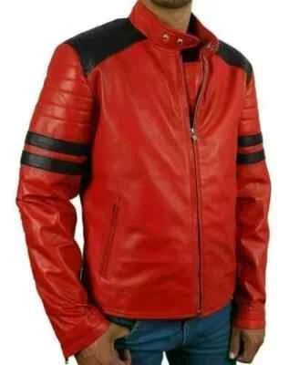 New Men Jacket Red Genuine Handmade Lambskin Leather Stylish Biker Motorcycle - Image 1 of 4
