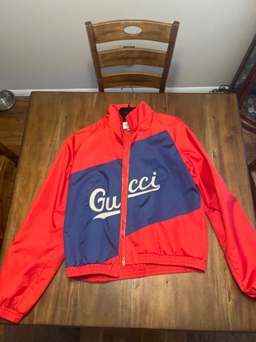 Giacca di nylon Gucci con rosso e blu con logo GUCCI bianco taglia 54 XL autentica