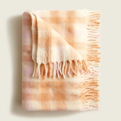 J. Crew Home Soft Wool Blend Throw Blanket in Peach Pink Plaid sz 48x61 $168 NEW - Image 1 of 2