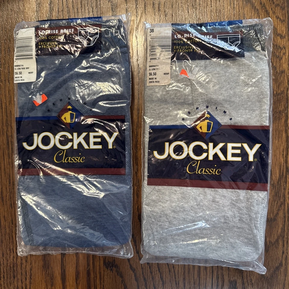 2 Calzoncillos clásicos de tiro bajo Jockey vintage para hombre talla 38 2000 gris y azul marino a rayas nuevos con etiquetas Foto 1 de 4