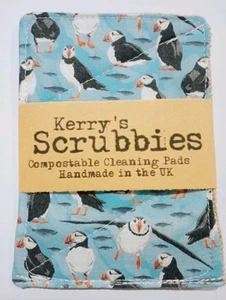 Kerry's Scrubbies: Compostable sponge/cleaning pads - Puffins On Blue Design - Picture 1 of 4