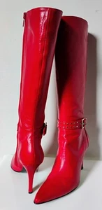 Coup D'etat Red Leather Pointed Toe High Heel Knee Boots 7 1/2 B Made in Spain - Picture 1 of 16