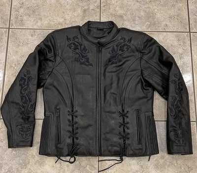 Women's M Xelement Leather Motorcycle Biker Embroidered Jacket Zip Out Liner - Image 1 of 4