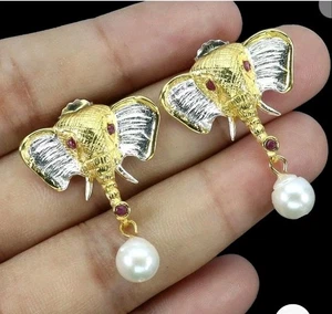 OHRSTECKER ELEFANT  ,SILBER 925 Echte Edelsteine RUBIN /Majama  Augen 585 gelbve - Bild 1 von 3