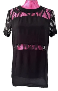 SILVIAN HEACH .. Black Top with Lace Waist Panel and Short Lace Sleeves Sz M - Picture 1 of 8