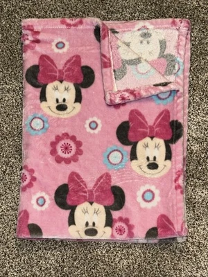 Disney Baby Minnie Mouse Face Pink & Blue Flowers Blanket HTF - Image 1 of 4
