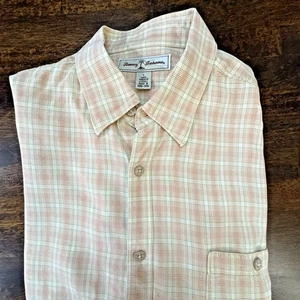 Tommy Bahama Mens Large 100% Tencel Lyocell Long Sleeve Orange Green Ivory Plaid - Picture 1 of 14