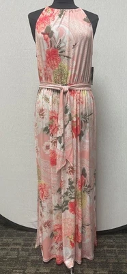 NYC Maxi Dress Stretch Peach Floral Halter-Back Tie Neck Medium NWT - Image 1 of 4