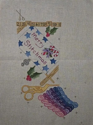 Stitches~Merry Stitchmas~Sewing Themed Christmas Stocking Needlepoint Canvas~Lg - Image 1 of 2