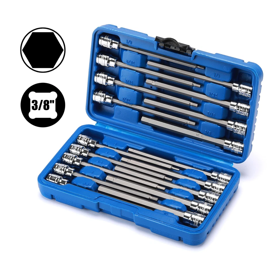 18PCS 3/8"Dr. Extra Long Hex Bit Socket Set, 1/8 Inch to 3/8 Inch, 3mm to 10mm - Image 1 of 4