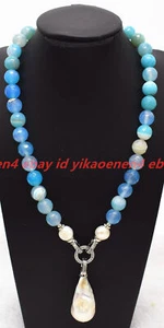 Natural Faceted 8/10/12mm Blue Stripe Agate White Baroque Pearl Pendant Necklace - Picture 1 of 12