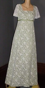 Vintage 60's olive green & white lace MAXI dress EMPIRE WAIST S M party hippy - Picture 1 of 12
