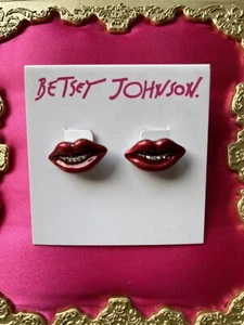 Betsey Johnson Snack Attack Red Mouth Crystal Grill Lips Lip Stud Earrings - Picture 1 of 2