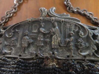 Antique 1920’s Flapper Large Evening Bag Large Black Beaded Ornate Metal Top - Image 1 of 4