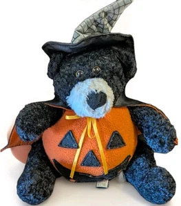 HALLOWEEN Black Bear Pumpkin Wearing Witch Hat Plush Animal Figure - Picture 1 of 2