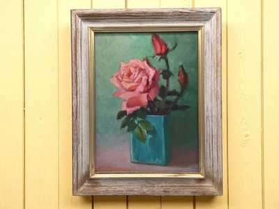 Vintage Rose Still Life Painting, Pink Rose Blue Vase Wall Art, Framed Floral - Image 1 of 4