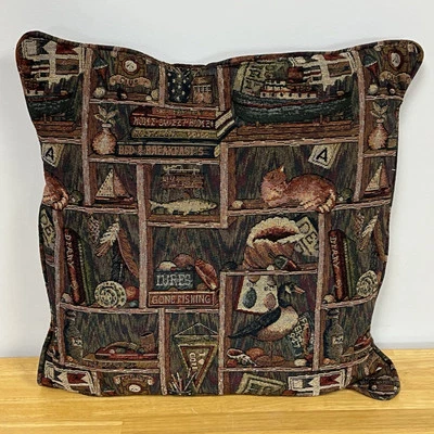 VTG Fishing Tapestry Accent 20” Pillow Cabin Decor Cat Duck Tags Tags Remove See - Image 1 of 4