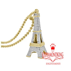 Real Genuine Diamond 0.80 Ctw Eiffel Tower Pendent Charm 10K Yellow Gold Finish - Picture 1 of 5
