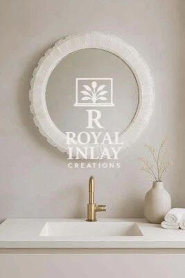 Espejo redondo de selenita de 24" - Marco de cristal en capas - Decoración de baño de lujo Foto 1 de 4