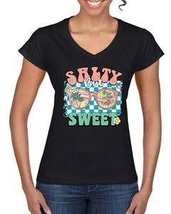 Retro Salty But Sweet Sunglasses Van Checkered Women Standard VNeck Tee - Picture 1 of 8