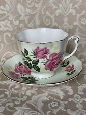 Colclough Pastel Green With Large Pink Roses Tea Cup Saucer Flower Shape
