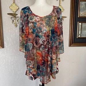Boho Floral Sheer Ruffle Sleeve Tunic V Neck Lightweight Top LLL Womens Size L  - Picture 1 of 10