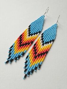 Boho style Blue orange earrings Long blue beaded earrings Southwest seed bead 