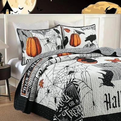 Juego de edredón de Halloween calabaza tela de araña calavera bruja naranja reina ropa de cama Foto 1 de 4